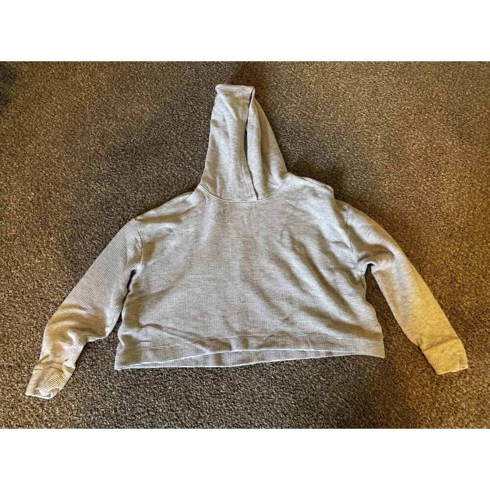 Athleta Womens Gray Cropped Solid Knit Hooded Pullover Hoodie Long Sleeve Size M